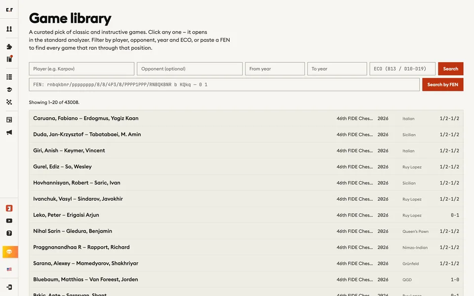 The game library with search by player, year, ECO and FEN