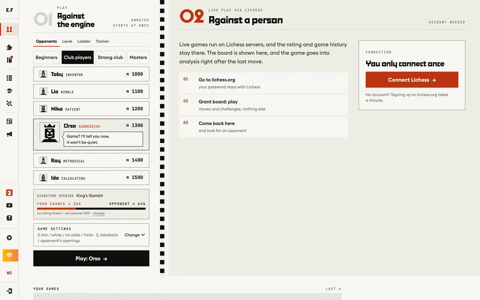 The play page: bots on the left, live play via Lichess on the right