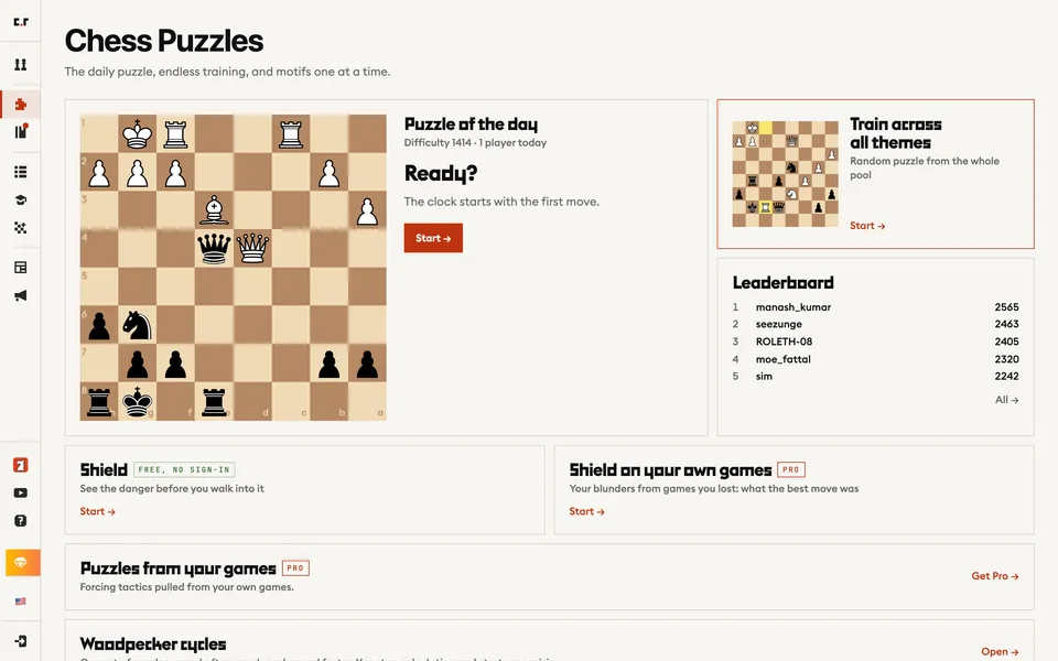 The puzzles section: daily puzzle, training by theme, Shield and Woodpecker cycles