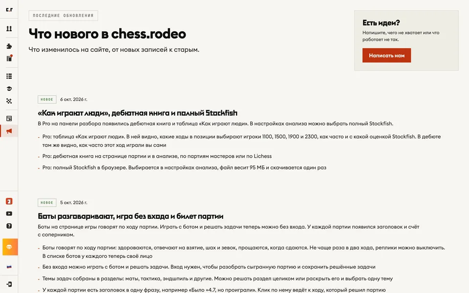 Страница «Что нового в chess.rodeo»